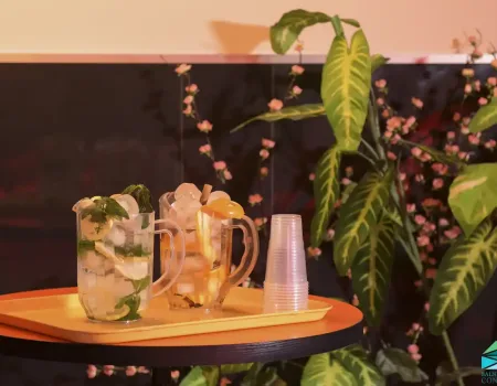 ChatGPT Plus agua infusionada con limón y menta en jarras sobre bandeja, zona de descanso del balneario de la concepción